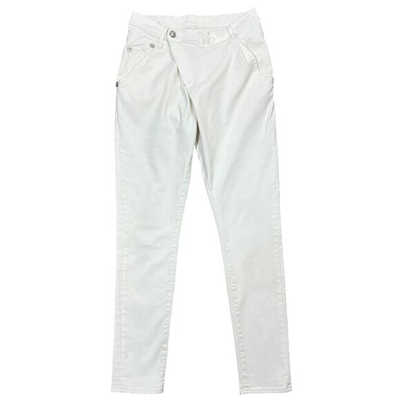 R13 X-Over Skinny Jeans Women 25" White Riot Stretch Denim Cross Waist Summer - Picture 1 of 16